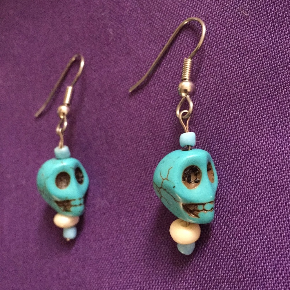 Handcrafted Skull Earrings in Turquoise and Bone